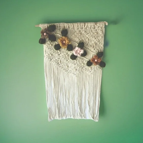 Boho Macramé Wall Hanging with Handmade 3D Crochet Flowers – 17x26" - Picture 1 of 3